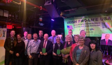 Peadar Tóibín TD (center, holding award), leader of Irish political party Aontú, and Eileen Slattery (center right, holding award), pose with members of Irish Pro-Life USA at an event held in their honor at Connolly’s Times Square in Manhattan on February 3, 2026.