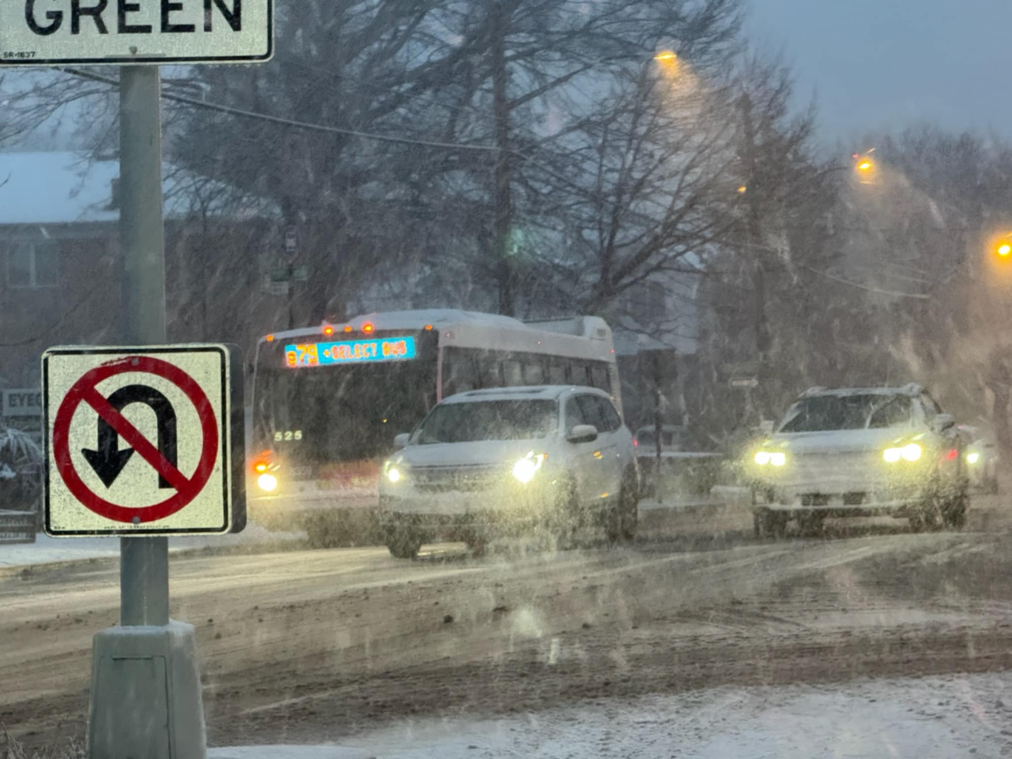 Traffic accumulates on Hylan Boulevard in New Dorp as the snow falls on Sunday, Feb. 22, 2026.