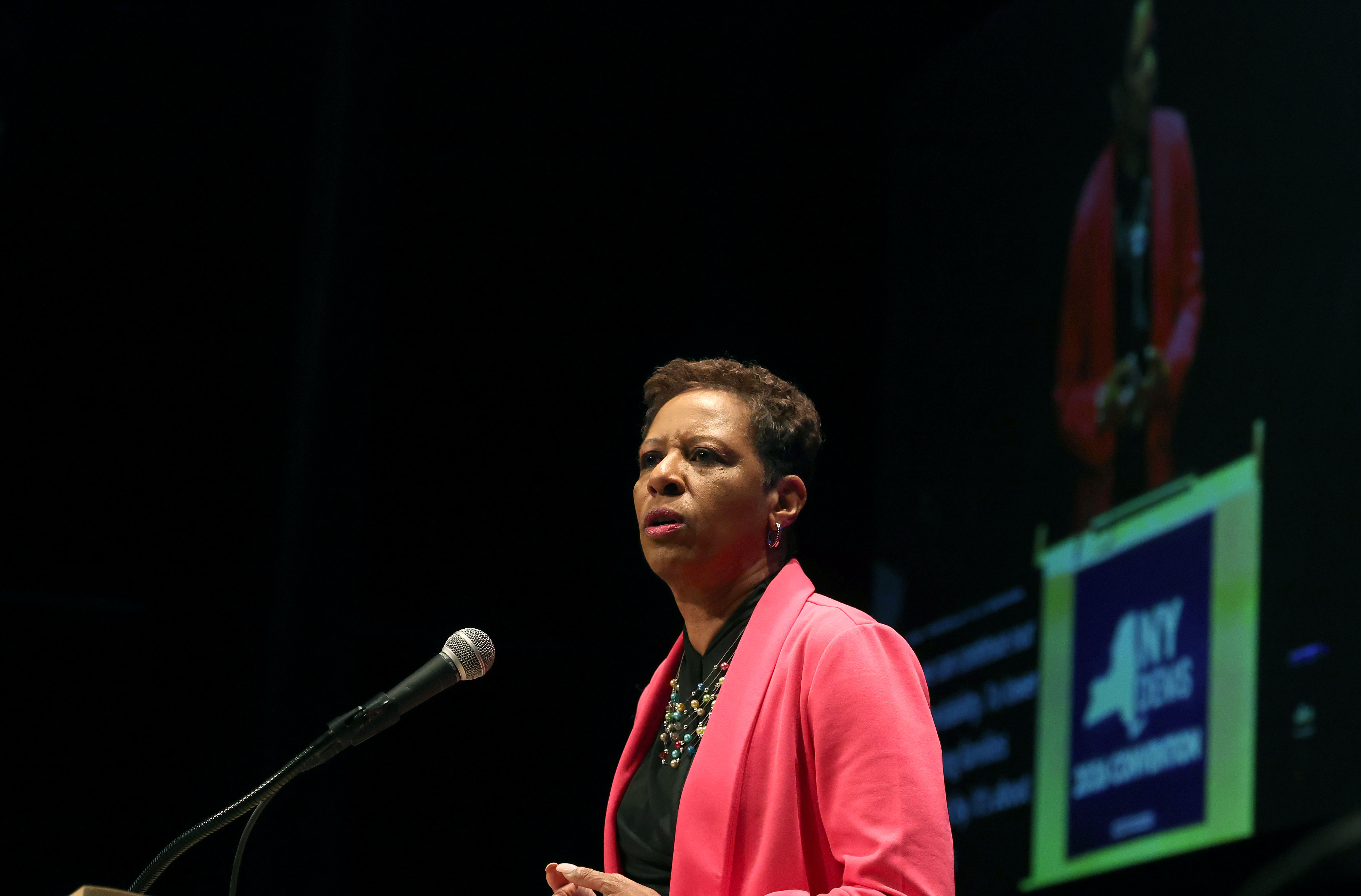  Adrienne Adams candidate for Lt Governor takes to the podium. The New York State Democratic Convention was held at the Mulroy Civic Center in Syracuse, New York, Friday February 6, 2026. The Democrats nominated Gov. Kathy Hochul for Governor, Adrienne Adams for Lt Governor, Comptroller Thomas DiNapoli and Letitia Jamesfor for Attorney General.  Dennis. Nett | dnett@syracuse.com