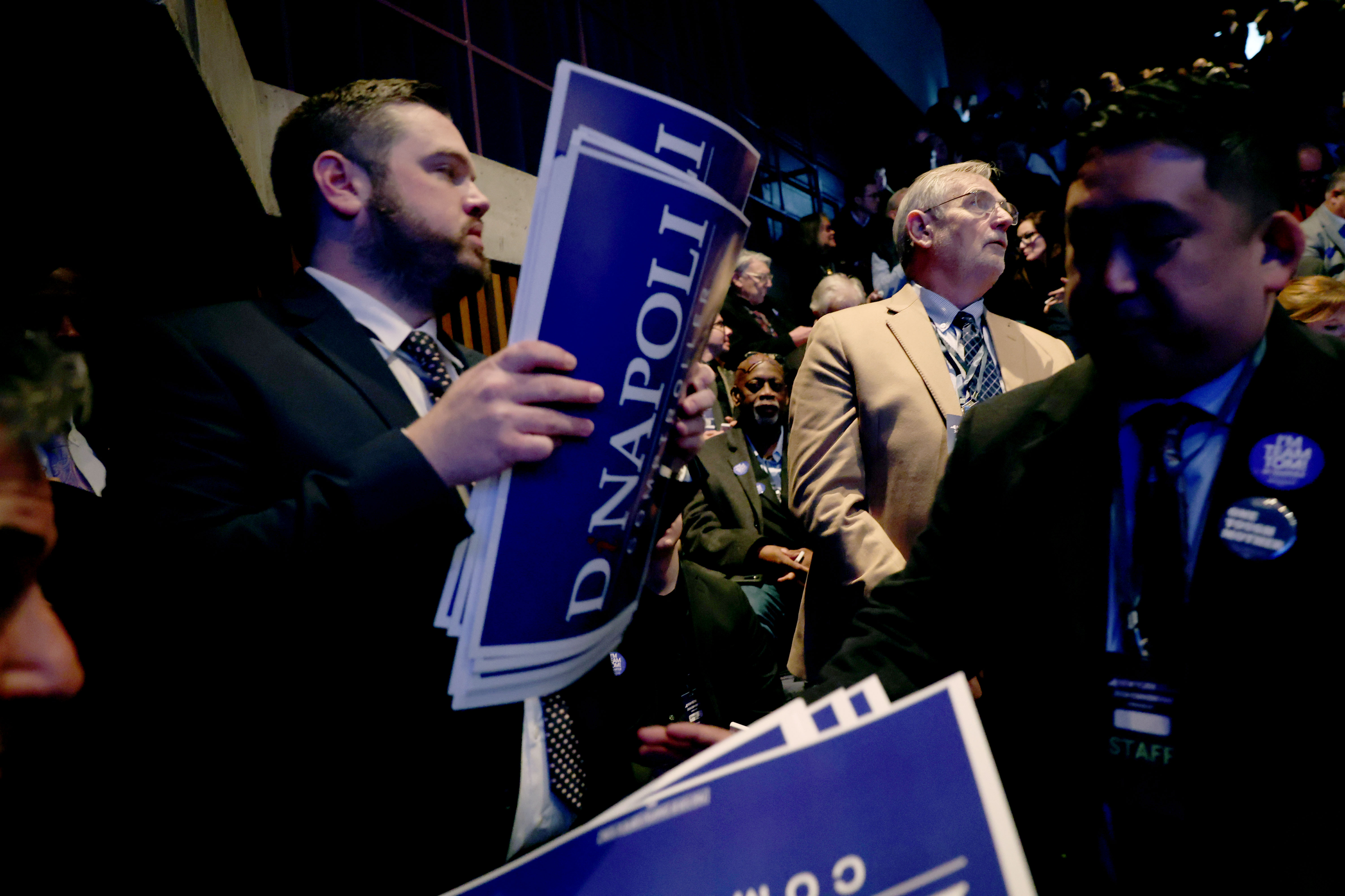Volunteers hand out DiNapoli placards. The New York State Democratic Convention was held at the Mulroy Civic Center in Syracuse, New York, Friday February 6, 2026. The Democrats nominated Gov. Kathy Hochul for Governor, Adrienne Adams for Lt Governor, Comptroller Thomas DiNapoli and Letitia Jamesfor for Attorney General.  Dennis. Nett | dnett@syracuse.com