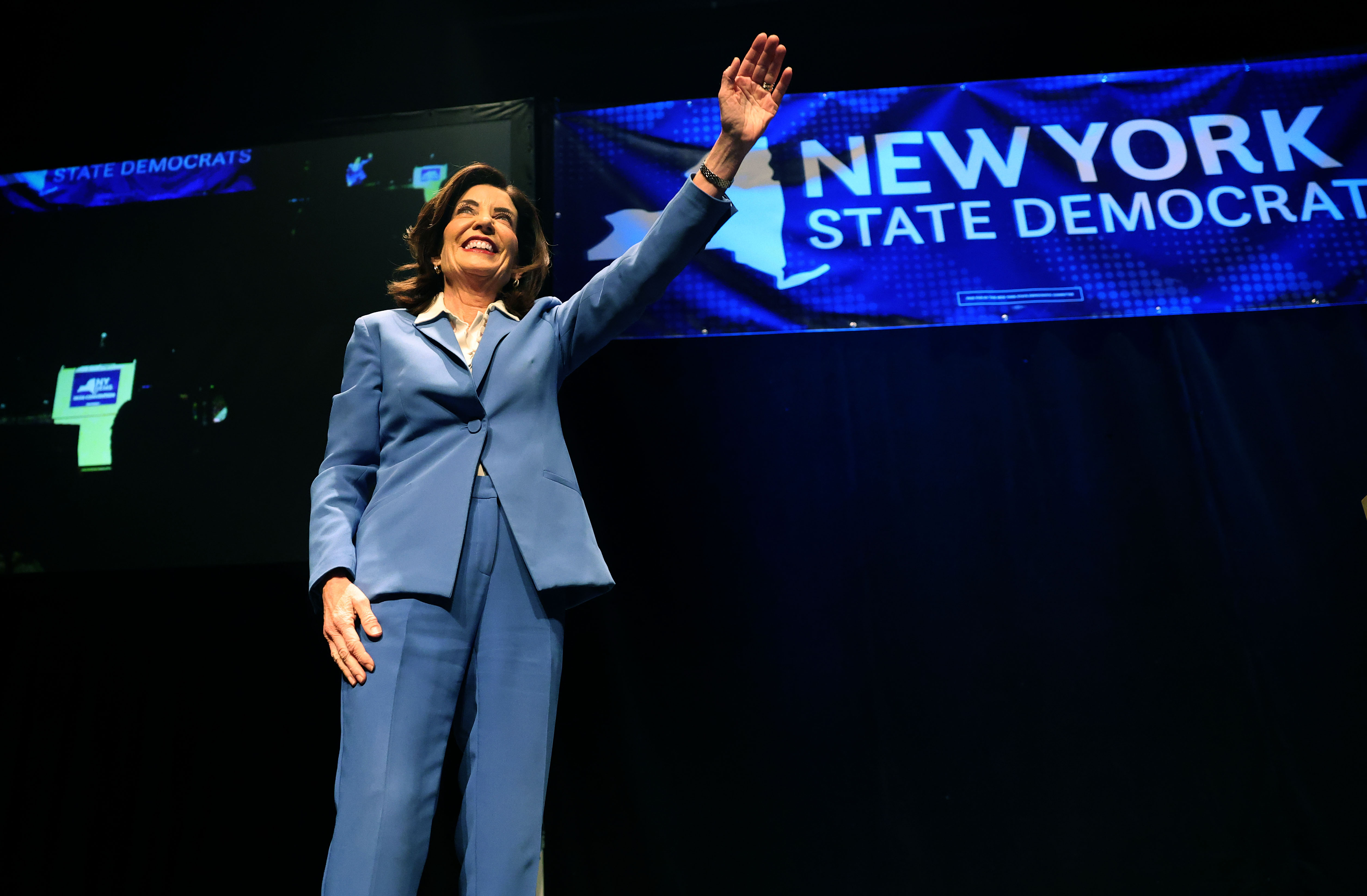  New York Governor Kathy Hochul’s walks on states toe accept her nomination for governor. The New York State Democratic Convention was held at the Mulroy Civic Center in Syracuse, New York, Friday February 6, 2026. The Democrats nominated Gov. Kathy Hochul for Governor, Adrienne Adams for Lt Governor, Comptroller Thomas DiNapoli and Letitia Jamesfor for Attorney General.  Dennis. Nett | dnett@syracuse.com