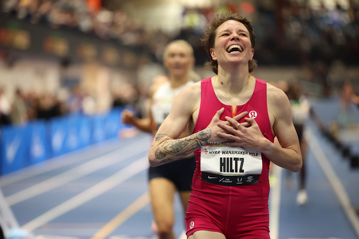 Aptos native Nikki Hiltz celebrates after taking first place in...