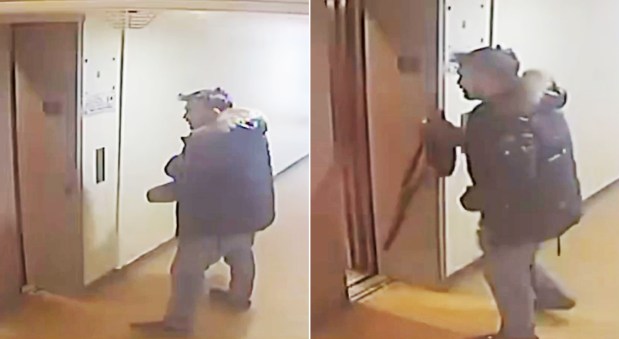 On March 4, 2025, Yitzchok Sklar called a volunteer emergency medical service to report that the victim was foaming at the mouth and making unusual noises. Shortly after the call ended, and moments before first responders arrived, Sklar was allegedly captured on video surveillance footage rushing out of the shelter (right) to hide a black bag (left). (U.S. Department of Justice)