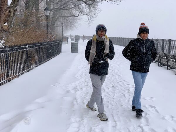 Adventurous souls braved the biting wind and snow to stroll along the Brooklyn Heights Promenade during Winter Storm Fern. Photo: Mary Frost, Brooklyn Eagle