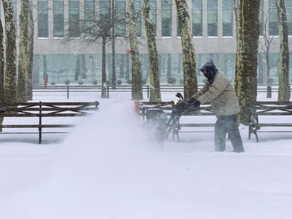 A New York City Parks Department worker fights the snow and wind as he tries to clear the walking path in Cadman Plaza Park. Photo: Mary Frost, Brooklyn Eagle
