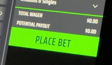 Online sports betting interface showing a green "PLACE BET" button with total wager of $0.00 and potential payout of $0.00