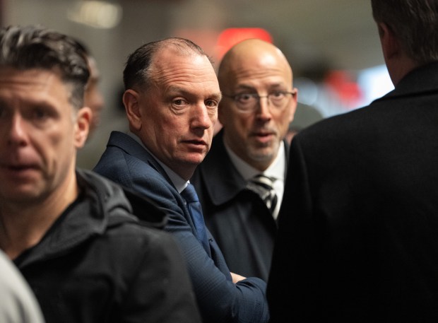 Patrick Hendry, President of the NYPD Police Benevolent Association, speaks with other PBA officials before NYPD Officers Michael Caligiuri, and Ryan McLoughlin appear in Manhattan Supreme Court Friday, Feb. 20, 2026 Manhattan, New York. (Barry Williams/ New York Daily News)