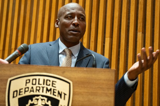 Tarik Sheppard speaks during a crime briefing press conference on Wednesday, April 3, 2024 in Manhattan, New York. (Barry Williams for New York Daily News)