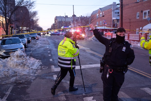 The NYPD Highway Patrol investigates after a pedestrian was struck by a vehicle on Bath Ave. near 23rd Ave. in Brooklyn, New York, on Thursday, Feb. 5, 2026. (Gardiner Anderson / New York Daily News)