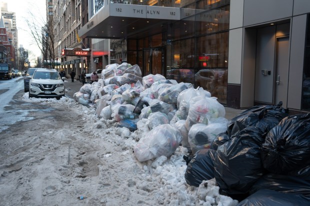 Garbage piles up along E. 87th St. in Manhattan, just blocks from Gracie Mansion, Monday, Feb. 2, 2026 in New York City. (Barry Williams/ New York Daily News)