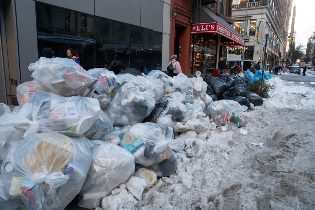 Garbage piles up along E. 87th St. in Manhattan, just blocks from Gracie Mansion, Monday, Feb. 2, 2026 in New York City. (Barry Williams/ New York Daily News)