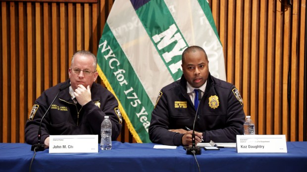 NYPD Chief of Patrol John Chell, left, and Deputy Commissioner Kaz Daughtry are pictured during a press conference at NYPD headquarters, Tuesday October 24, 2023. (Luiz C. Ribeiro for New York Daily News)