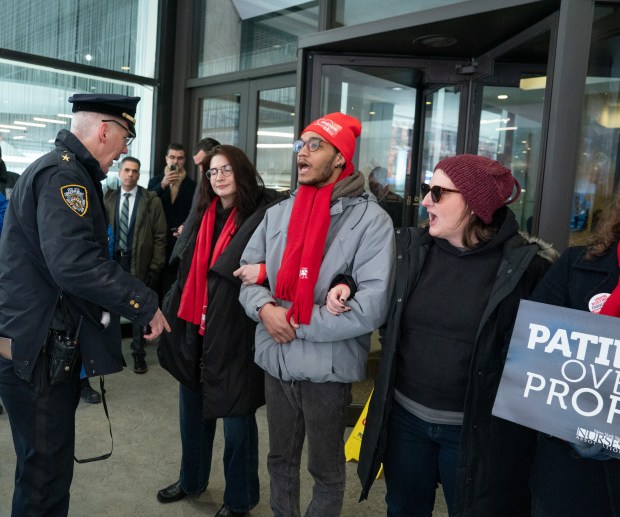 Striking nurses are pictured during a protest outside Mount Sinai Health System on W. 57th St. in Manhattan on Thursday, Feb. 5, 2026. (Barry Williams/ New York Daily News)