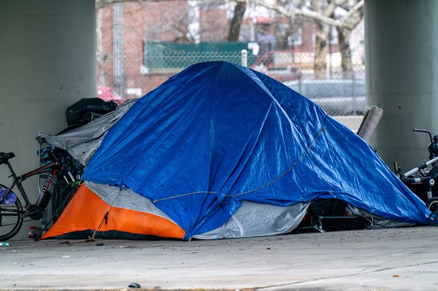A homeless encampment is seen here underneath Coney Island Avenue along Shore Parkway in Brooklyn on Thursday February 19, 2026. (Theodore Parisienne / New York Daily News)