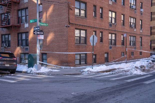 A 26-year-old man was fatally shot while sitting in a car on Thwaites Place and Barker Ave. in the Bronx early Friday, Feb. 13, 2026. (Theodore Parisienne / New York Daily News)