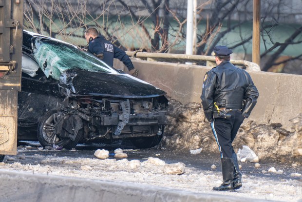 (The black Livery Camry is seen here facing eastbound in the westbound lanes) A 50yr old man operating a black Toyota Camry westbound on the Long Island Expressway was pronounced dead at New York Presbyterian Hospital Queens after he collided with a Kenworth tractor trailer just east of the Van Wyck Expressway in Queens on Friday February 6, 2026. 0804. The 52yr old man operating the tractor trailer was also taken to New York Presbyterian Hospital Queens. (Theodore Parisienne / New York Daily News)