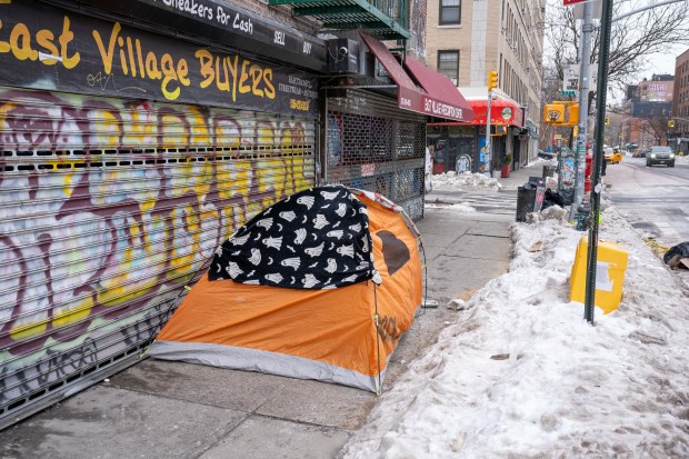 A tent is pictured on the sidewalk along Avenue A near E. 3rd St. in Manhattan on Sunday, Feb. 1, 2026. (Theodore Parisienne / New York Daily News)