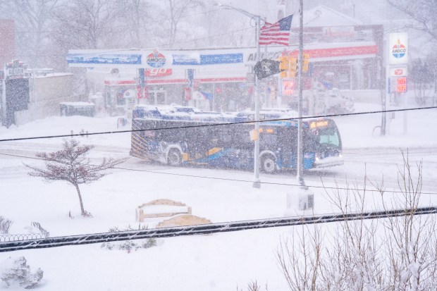 An MTA bus is pictured in Rosedale, Queens, on Monday, Feb. 23, 2026. (Theodore Parisienne / New York Daily News)
