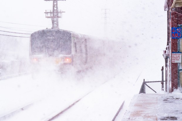 A Long Island Railroad train heads eastbound as it bypasses the Rosedale, Queens train station on Monday, Feb. 23, 2026. (Theodore Parisienne / New York Daily News)