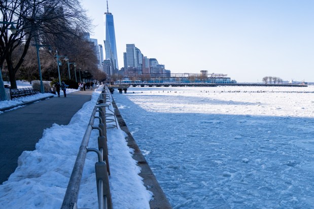 The ice-filled Hudson River is seen in downtown Manhattan on Sunday as Arctic air blankets New York City. 