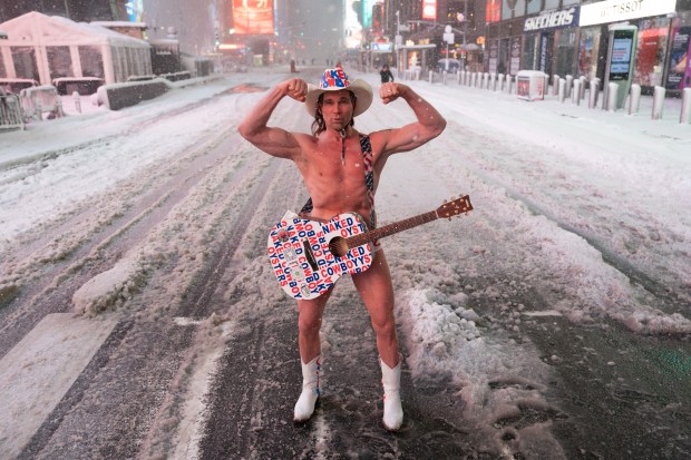 The Naked Cowboy poses for a photo during a blizzard Monday, Feb. 23, 2026 in Manhattan, New York. (Barry Williams/ New York Daily News)
