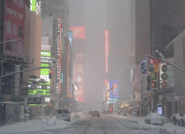 Snow piles up in Times Square during a blizzard Monday, Feb. 23, 2026 in Manhattan, New York. (Barry Williams/ New York Daily News)