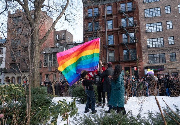 LBGTQ supporters raise connecting flags at the Stonewall National Monument Thursday, Feb. 11, 2026 in Manhattan, New York. (Barry Williams/ New York Daily News)
