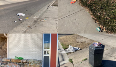 four scenes of trash on the streets of Denver