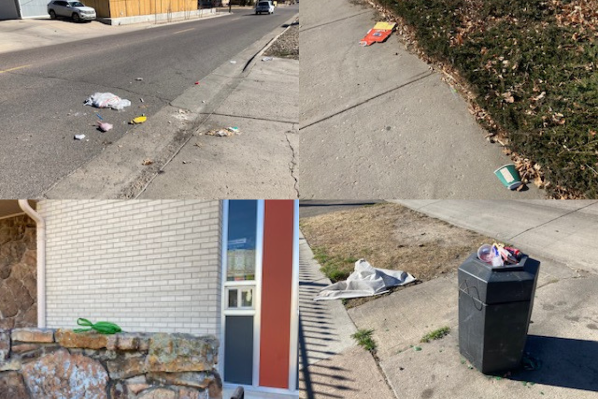 four scenes of trash on the streets of Denver