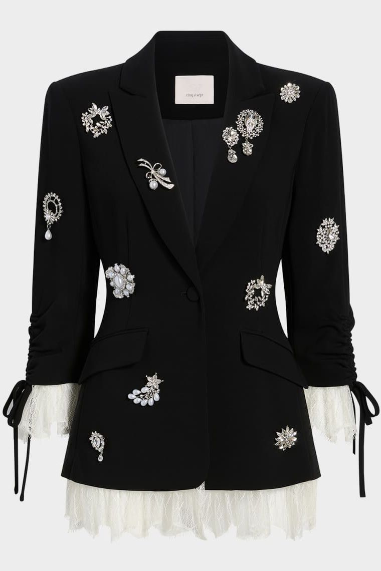 Roxie Crystal Brooch Blazer With Lace Trim