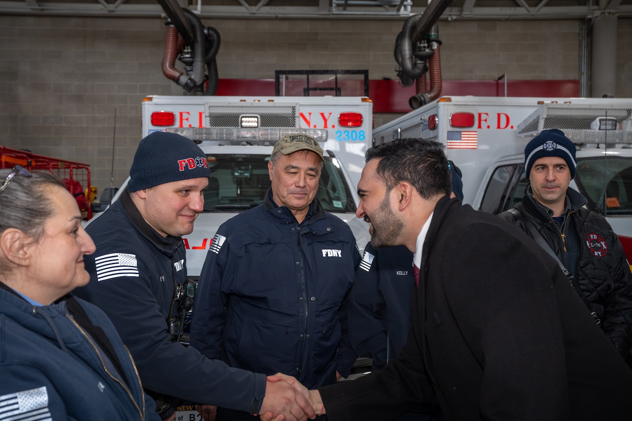 Mayor Zohran Mamdani thanks firefighters and EMS personnel for keeping New Yorkers safe during the cold snap