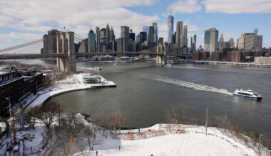 Ferries pass Brooklyn Bridge Park along the East River, Tuesday, Feb. 24, 2026, in New York. (AP Ph...