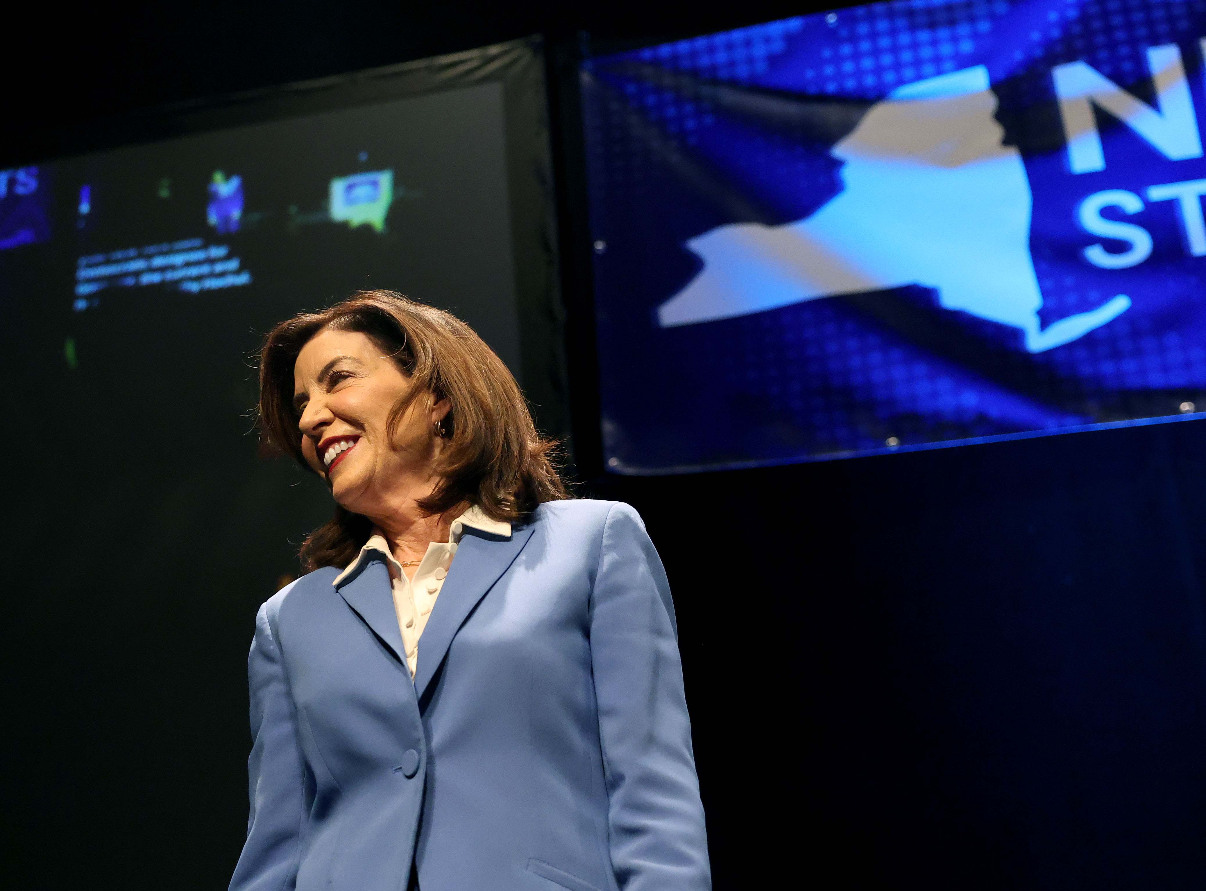 Gov. Kathy Hochul walks out on stage to accepts her parties nomination for Governor. The New York State Democratic Convention was held at the Mulroy Civic Center in Syracuse, New York, Friday February 6, 2026. The Democrats nominated Gov. Kathy Hochul for Governor, Adrienne Adams for Lt Governor, Comptroller Thomas DiNapoli and Letitia Jamesfor for Attorney General.  Dennis. Nett | dnett@syracuse.com