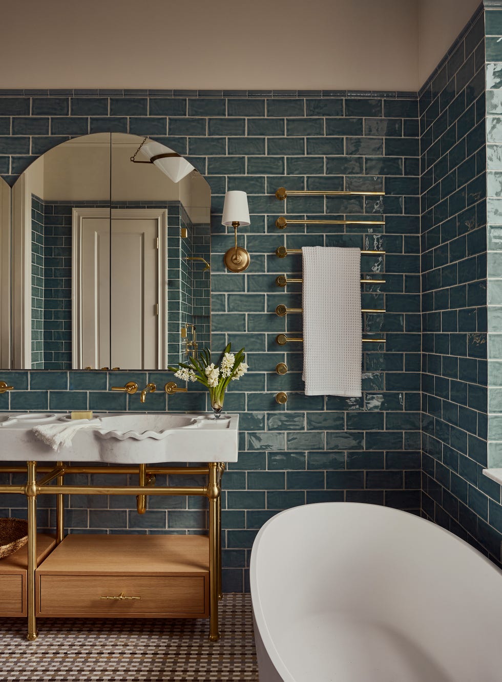 Stylish bathroom featuring a double sink and modern fixtures.