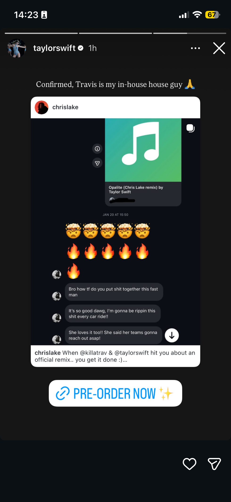 Taylor Swift sharing Travis Kelce's DMs with Chris Lake