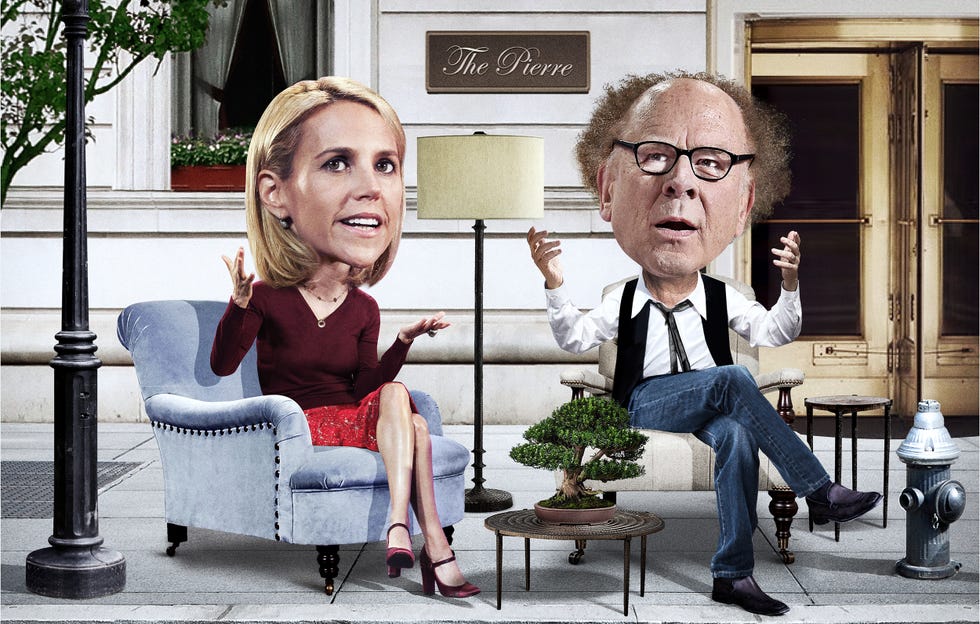 Two people sitting outside a building called The Pierre.