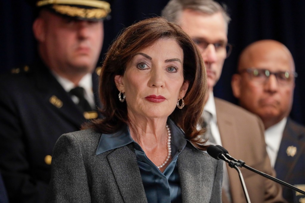 New York Governor Kathy Hochul speaks at a press conference on legislation regarding ICE and local law enforcement.