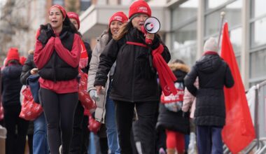 An Associated Press photo of nurses striking outside NewYork-Presbyterian on Thursday.