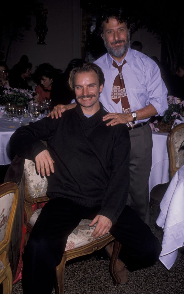 Actor Dustin Hoffman and musician Sting attend the performance party for “Merchant Of Venice” on December 8, 1989 at Barbetta. Ron Galella Collection via Getty Images