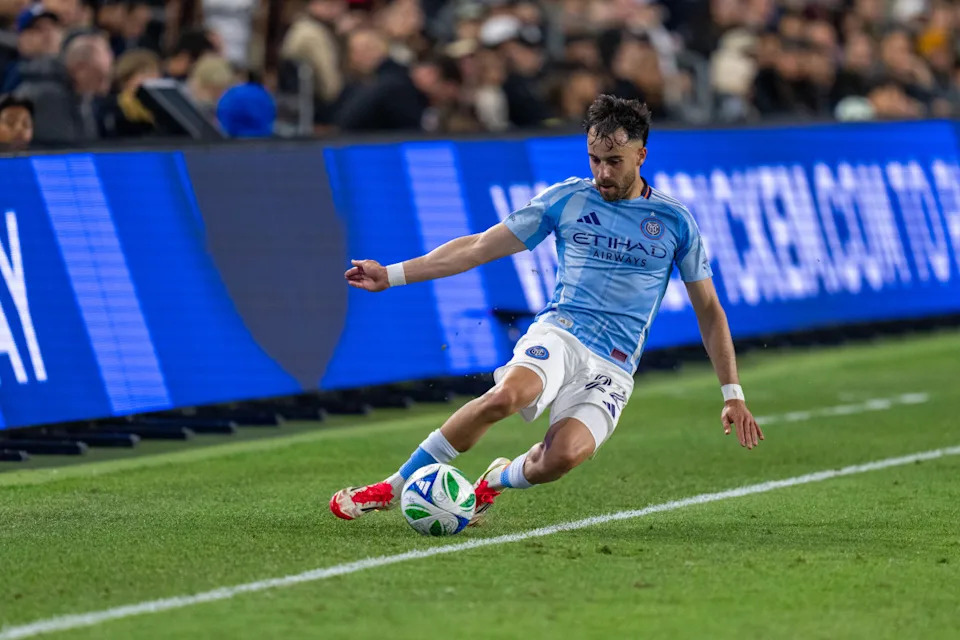 Kevin O'Toole kicks the ball during a game between New York City FC and Los Angeles FC at BMO StadiumPhoto by Melinda Meijer&sol;ISI Photos&sol;Getty Images