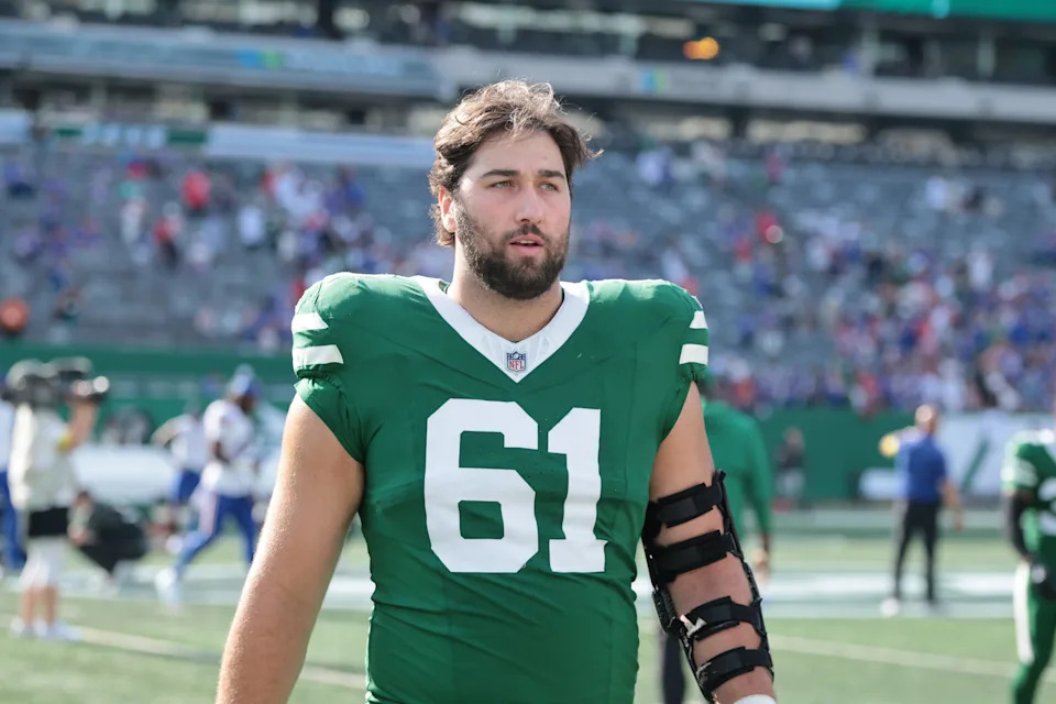 Sep 14, 2025; East Rutherford, New Jersey, USA; New York Jets offensive tackle Max Mitchell (61) after the game against the Buffalo Bills at MetLife Stadium. Mandatory Credit: Vincent Carchietta-Imagn Images