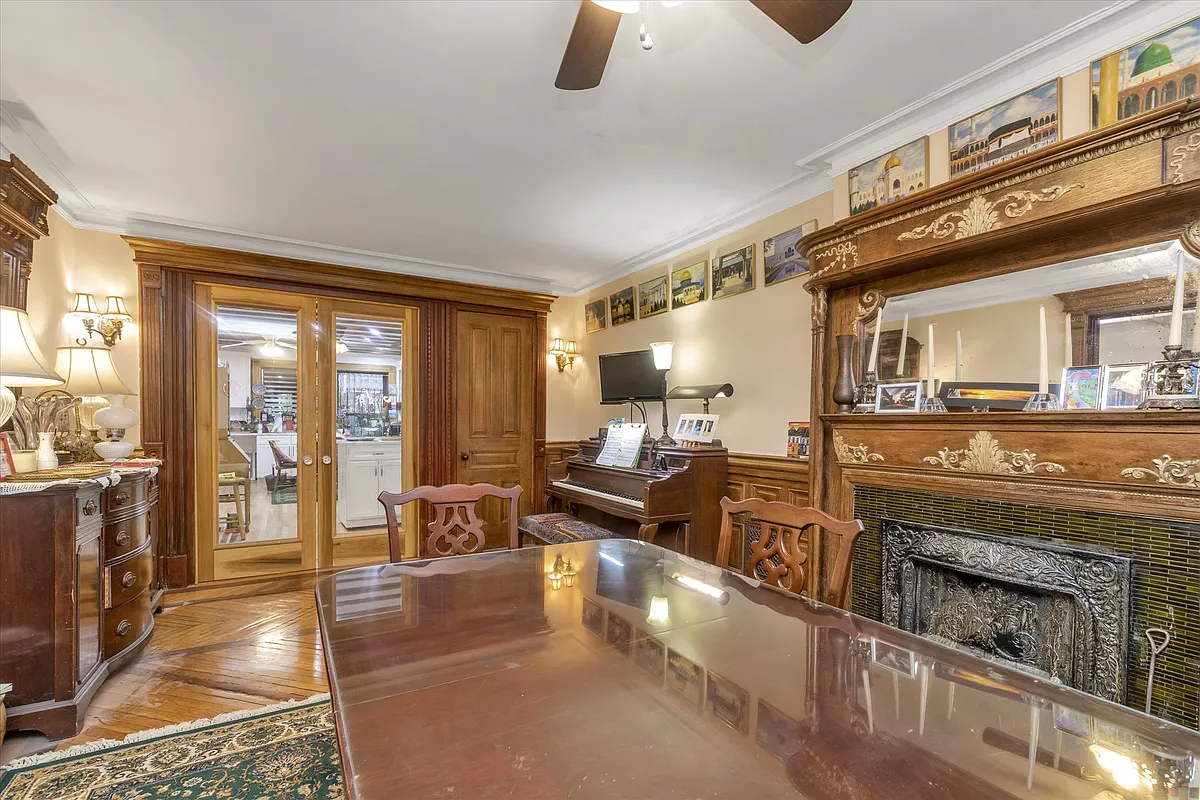 garden level dining room with mantel