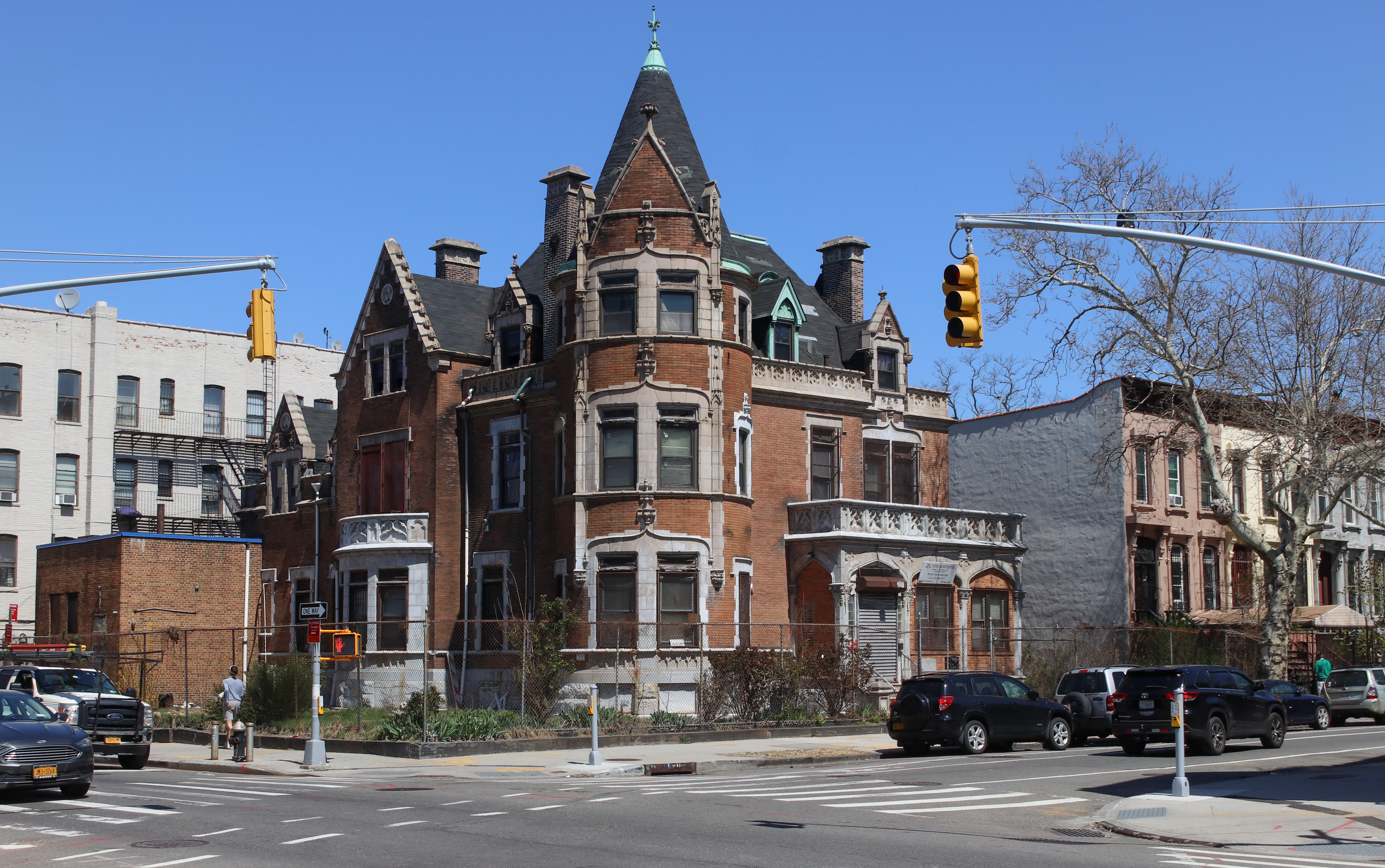 brick mansion with limestone ornament