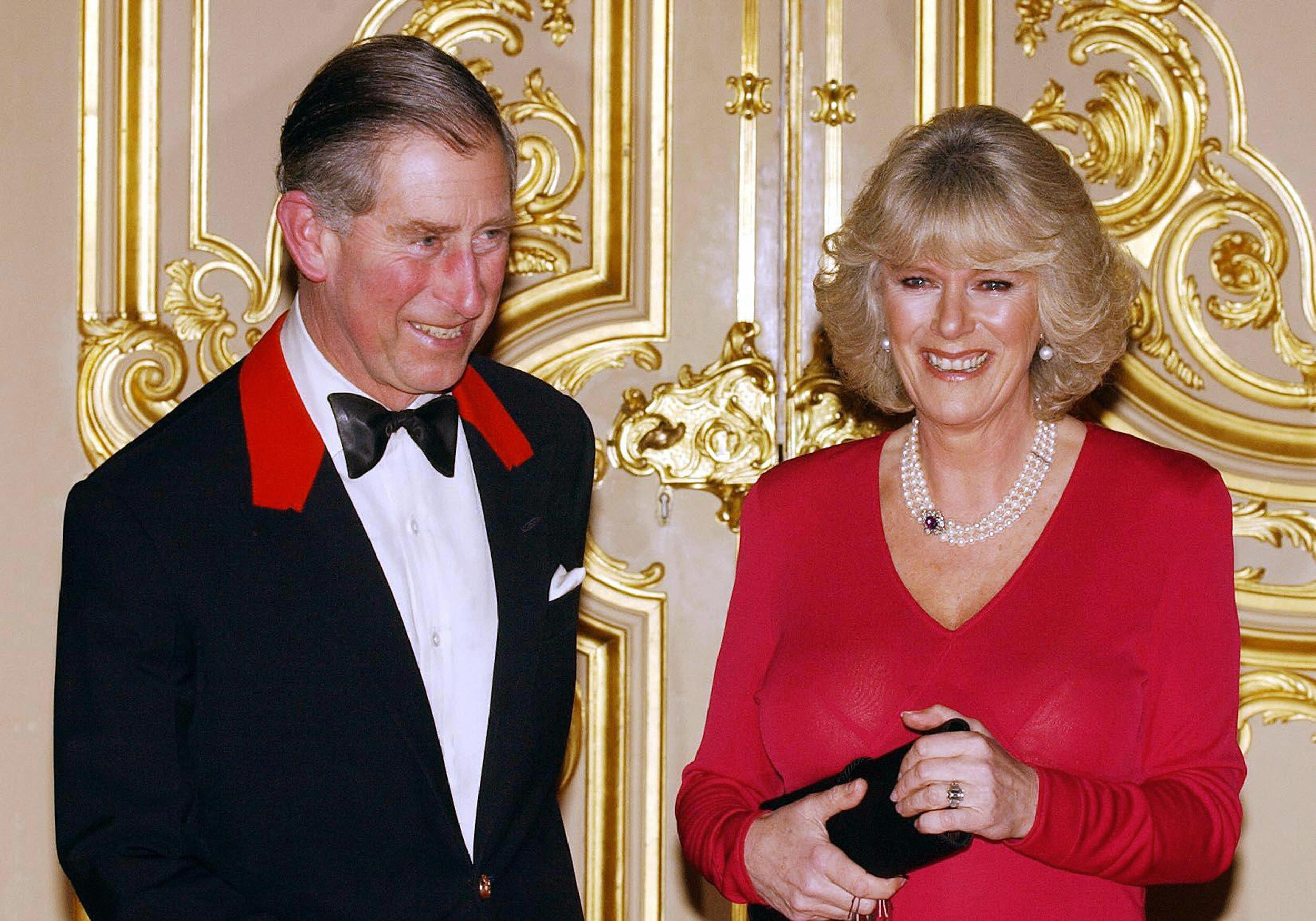 King Charles wearing a tux and Queen Camilla in a red dress at their engagement celebration