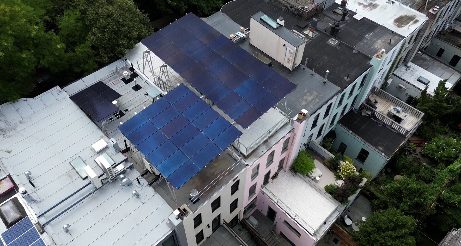 solar panel installation on roof, drone-view