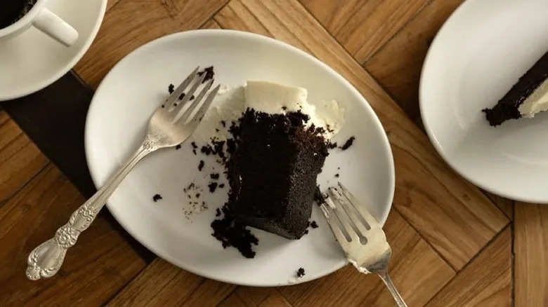 A piece of chocolate cake on a plate.
