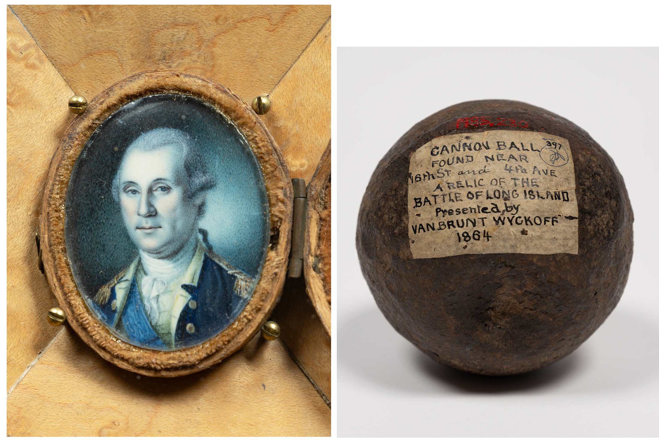 a portrait of george washington and a cannon ball