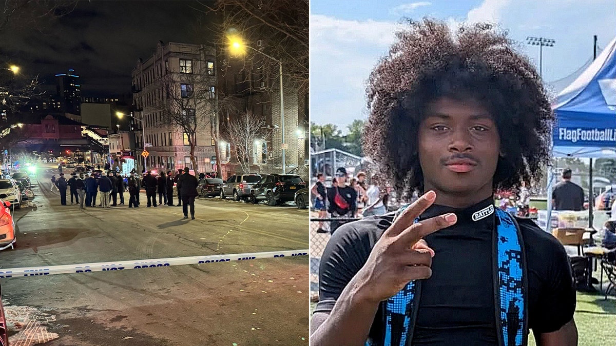 split photo of young man holding peace sign and smiling and crime scene in NYC