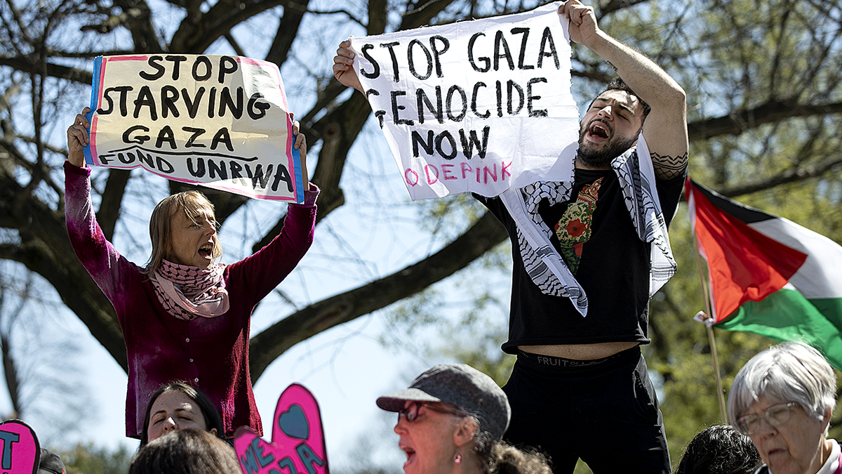 Code Pink anti-Israel protesters holding signs.