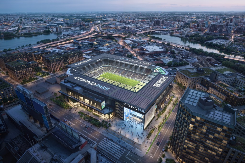 Illustration of the planned Etihad Park stadium for New York City Football Club at dusk, surrounded by city buildings and a river.